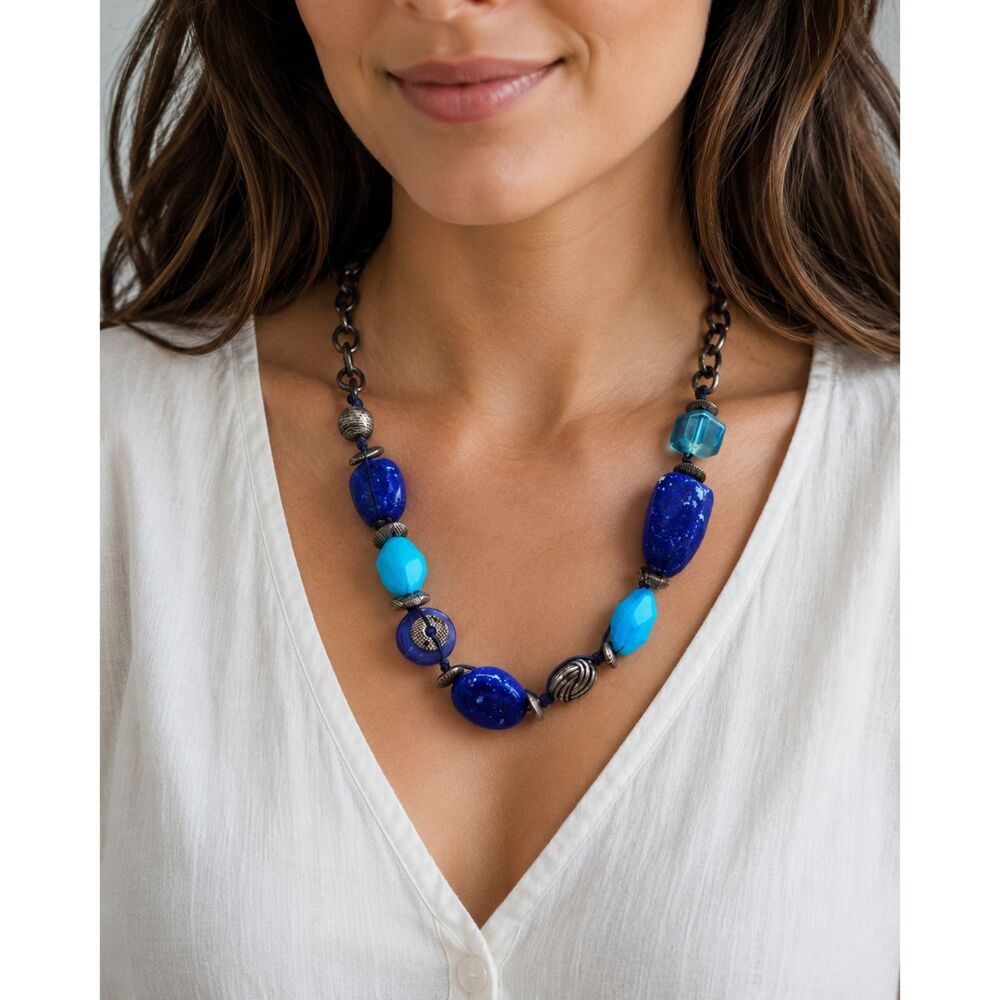 Chico's Boho Faux Lapis Resin  Glass Turquoise Antique Rolo Chain Necklace 27.5"
